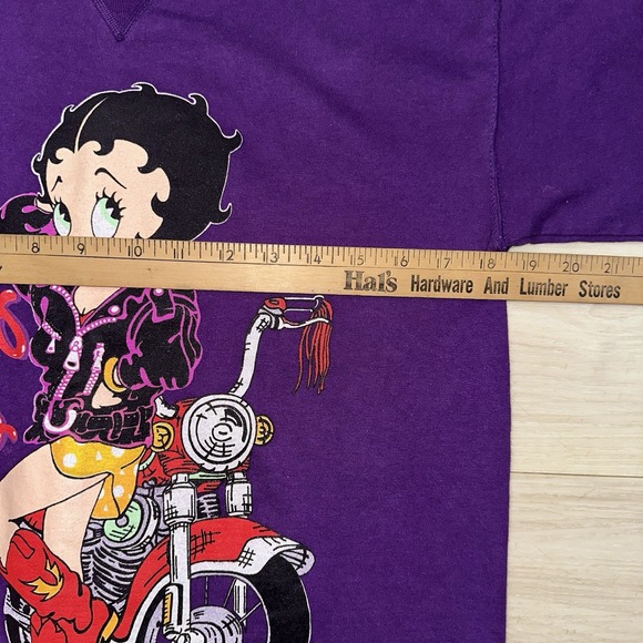 VINTAGE BETTY BOOP LONG SLEEVE T SHIRT Medium 90s MOTORCYCLE PURPLE CARTOON 1994 - Picture 6 of 9